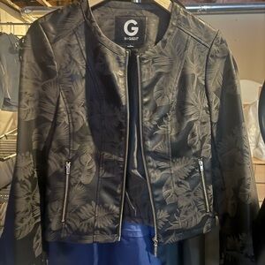 G by Guess Black Leaf Pattern Leather Jacket